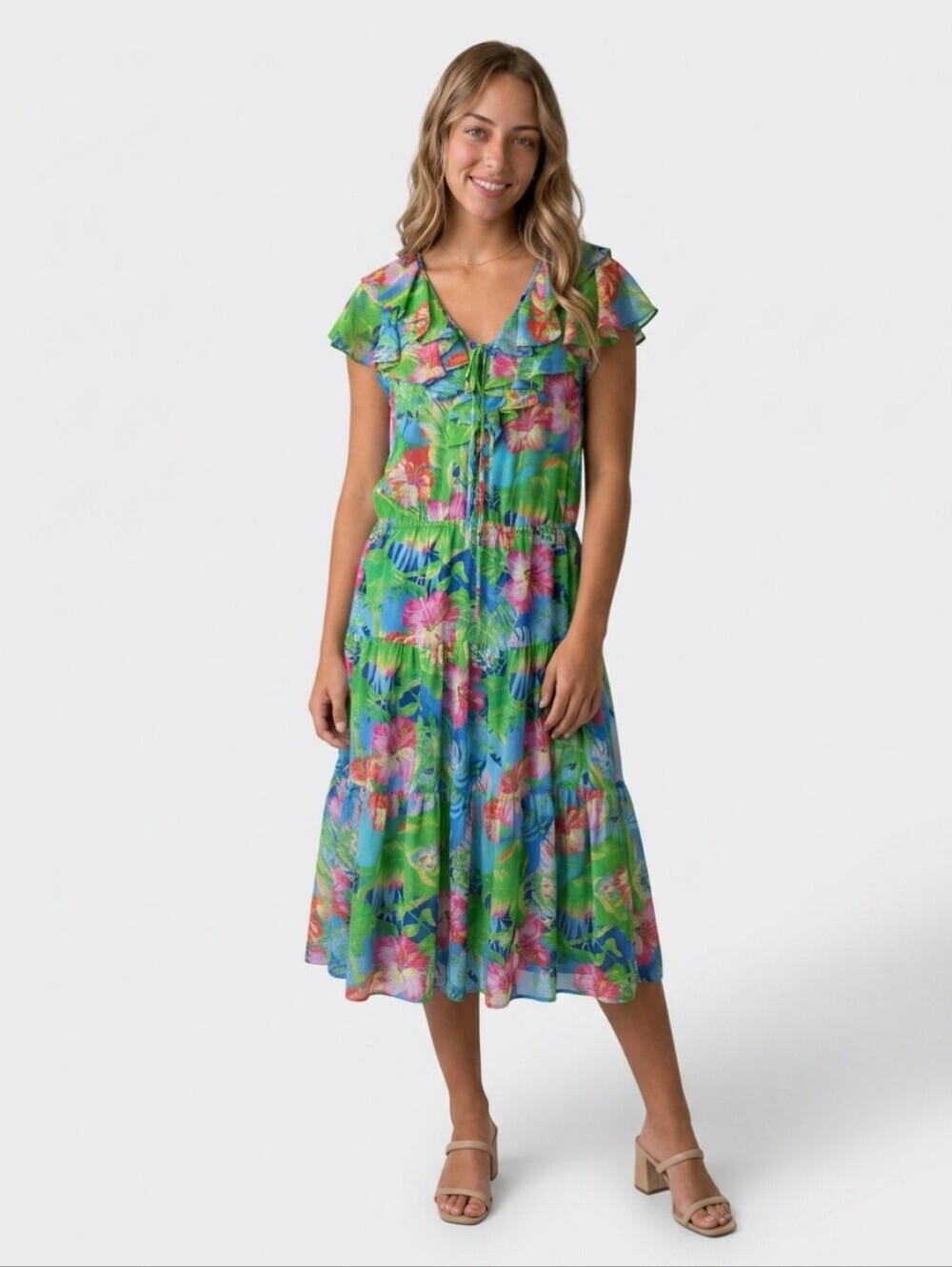 Ralph Lauren Green Floral Tiered V-Neck Midi Dress